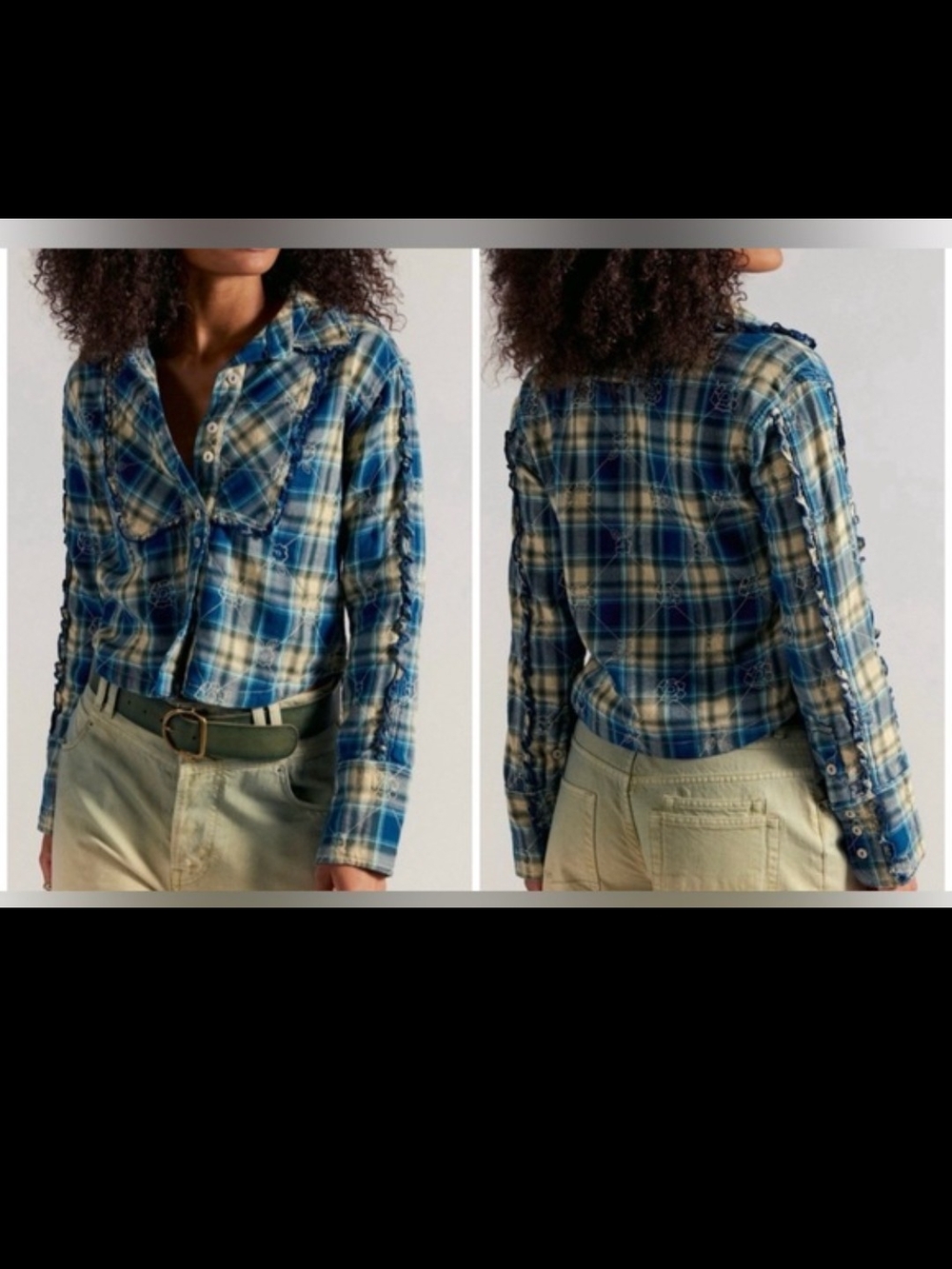 Free People Blue and Cream Plaid Quilted Button-Up Top